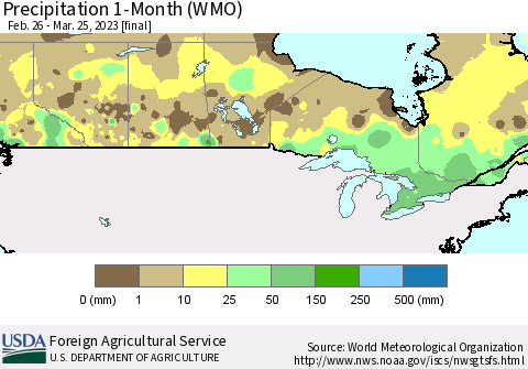 Canada Precipitation 1-Month (WMO) Thematic Map For 2/26/2023 - 3/25/2023