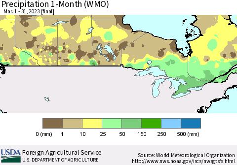 Canada Precipitation 1-Month (WMO) Thematic Map For 3/1/2023 - 3/31/2023