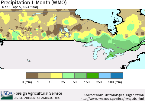 Canada Precipitation 1-Month (WMO) Thematic Map For 3/6/2023 - 4/5/2023