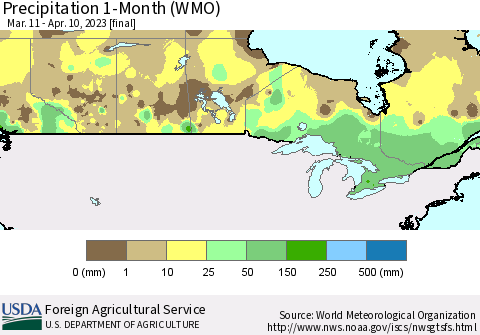 Canada Precipitation 1-Month (WMO) Thematic Map For 3/11/2023 - 4/10/2023