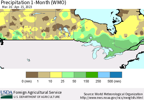 Canada Precipitation 1-Month (WMO) Thematic Map For 3/16/2023 - 4/15/2023