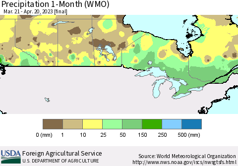 Canada Precipitation 1-Month (WMO) Thematic Map For 3/21/2023 - 4/20/2023