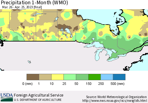 Canada Precipitation 1-Month (WMO) Thematic Map For 3/26/2023 - 4/25/2023