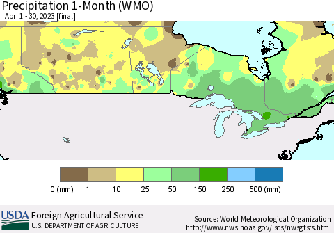 Canada Precipitation 1-Month (WMO) Thematic Map For 4/1/2023 - 4/30/2023