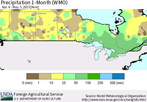 Canada Precipitation 1-Month (WMO) Thematic Map For 4/6/2023 - 5/5/2023