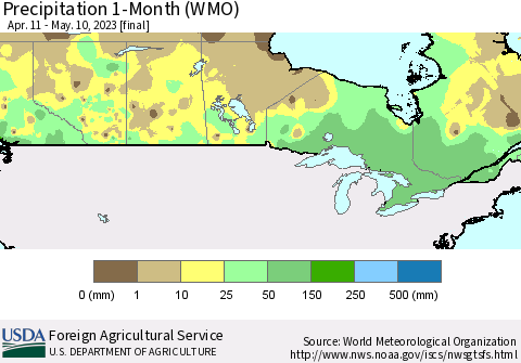 Canada Precipitation 1-Month (WMO) Thematic Map For 4/11/2023 - 5/10/2023