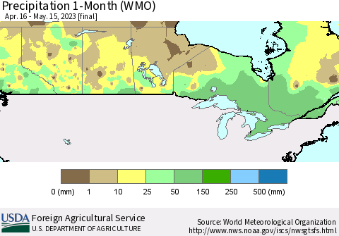 Canada Precipitation 1-Month (WMO) Thematic Map For 4/16/2023 - 5/15/2023