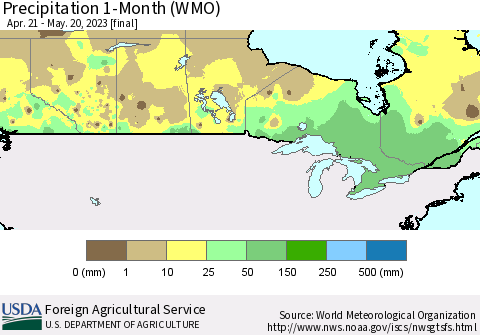 Canada Precipitation 1-Month (WMO) Thematic Map For 4/21/2023 - 5/20/2023