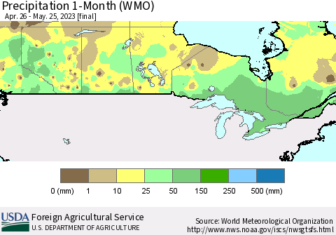 Canada Precipitation 1-Month (WMO) Thematic Map For 4/26/2023 - 5/25/2023