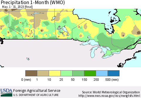 Canada Precipitation 1-Month (WMO) Thematic Map For 5/1/2023 - 5/31/2023