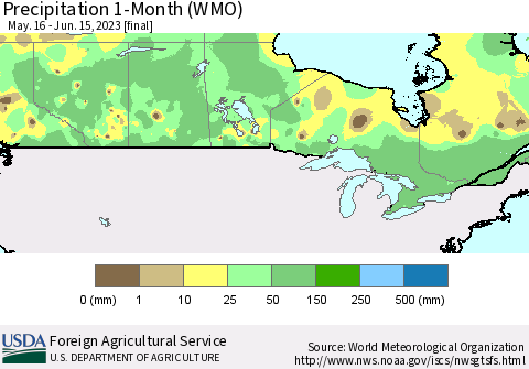 Canada Precipitation 1-Month (WMO) Thematic Map For 5/16/2023 - 6/15/2023