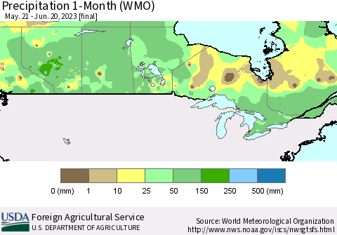 Canada Precipitation 1-Month (WMO) Thematic Map For 5/21/2023 - 6/20/2023