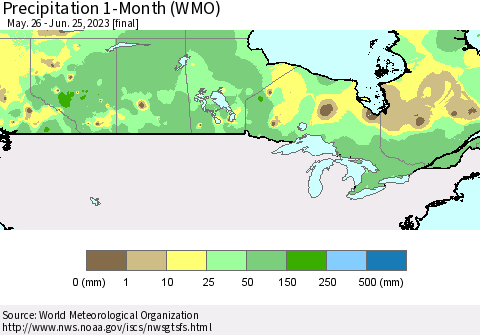 Canada Precipitation 1-Month (WMO) Thematic Map For 5/26/2023 - 6/25/2023
