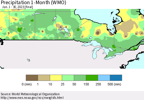Canada Precipitation 1-Month (WMO) Thematic Map For 6/1/2023 - 6/30/2023