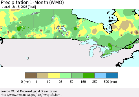 Canada Precipitation 1-Month (WMO) Thematic Map For 6/6/2023 - 7/5/2023
