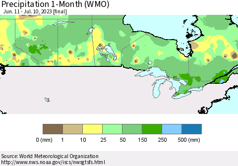 Canada Precipitation 1-Month (WMO) Thematic Map For 6/11/2023 - 7/10/2023