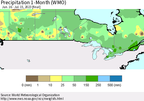 Canada Precipitation 1-Month (WMO) Thematic Map For 6/16/2023 - 7/15/2023