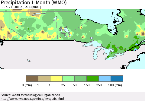 Canada Precipitation 1-Month (WMO) Thematic Map For 6/21/2023 - 7/20/2023