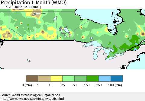 Canada Precipitation 1-Month (WMO) Thematic Map For 6/26/2023 - 7/25/2023