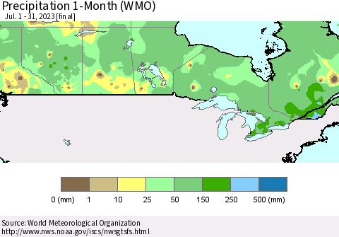 Canada Precipitation 1-Month (WMO) Thematic Map For 7/1/2023 - 7/31/2023