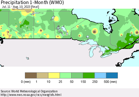 Canada Precipitation 1-Month (WMO) Thematic Map For 7/11/2023 - 8/10/2023