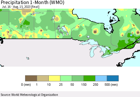 Canada Precipitation 1-Month (WMO) Thematic Map For 7/16/2023 - 8/15/2023