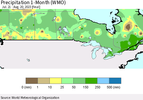 Canada Precipitation 1-Month (WMO) Thematic Map For 7/21/2023 - 8/20/2023