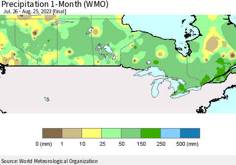 Canada Precipitation 1-Month (WMO) Thematic Map For 7/26/2023 - 8/25/2023