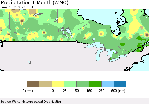 Canada Precipitation 1-Month (WMO) Thematic Map For 8/1/2023 - 8/31/2023