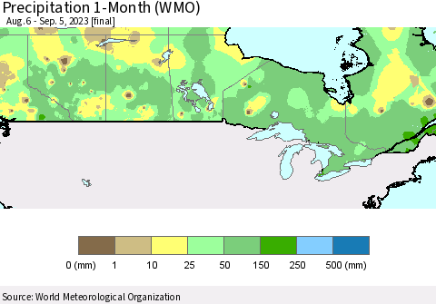 Canada Precipitation 1-Month (WMO) Thematic Map For 8/6/2023 - 9/5/2023