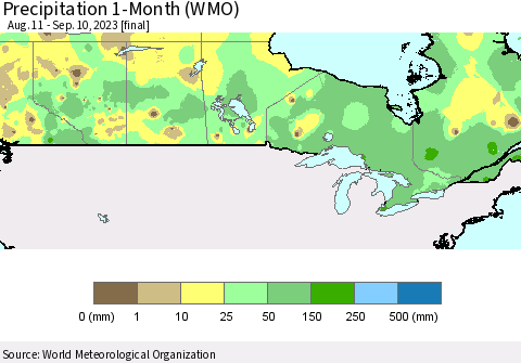 Canada Precipitation 1-Month (WMO) Thematic Map For 8/11/2023 - 9/10/2023