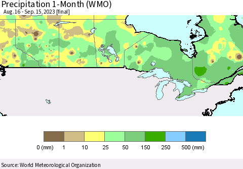 Canada Precipitation 1-Month (WMO) Thematic Map For 8/16/2023 - 9/15/2023