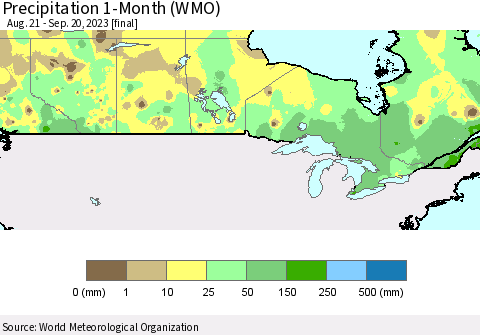 Canada Precipitation 1-Month (WMO) Thematic Map For 8/21/2023 - 9/20/2023