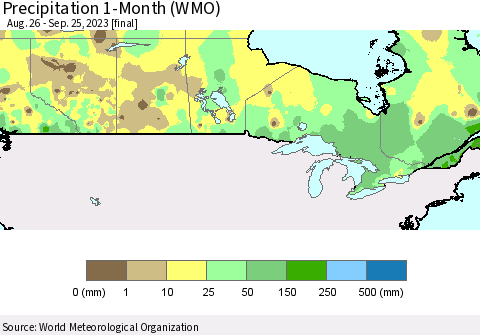 Canada Precipitation 1-Month (WMO) Thematic Map For 8/26/2023 - 9/25/2023
