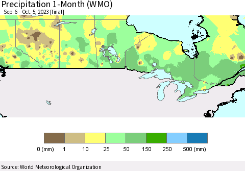 Canada Precipitation 1-Month (WMO) Thematic Map For 9/6/2023 - 10/5/2023