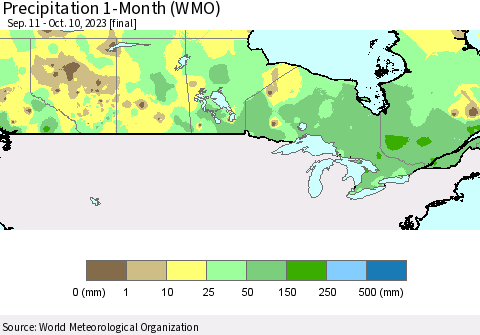 Canada Precipitation 1-Month (WMO) Thematic Map For 9/11/2023 - 10/10/2023