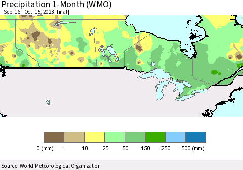Canada Precipitation 1-Month (WMO) Thematic Map For 9/16/2023 - 10/15/2023