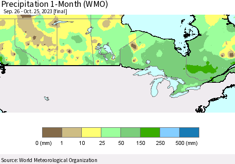 Canada Precipitation 1-Month (WMO) Thematic Map For 9/26/2023 - 10/25/2023