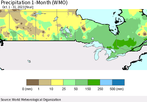 Canada Precipitation 1-Month (WMO) Thematic Map For 10/1/2023 - 10/31/2023