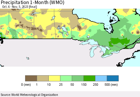 Canada Precipitation 1-Month (WMO) Thematic Map For 10/6/2023 - 11/5/2023