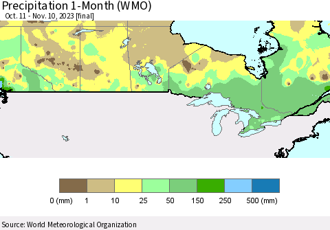 Canada Precipitation 1-Month (WMO) Thematic Map For 10/11/2023 - 11/10/2023