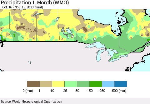 Canada Precipitation 1-Month (WMO) Thematic Map For 10/16/2023 - 11/15/2023