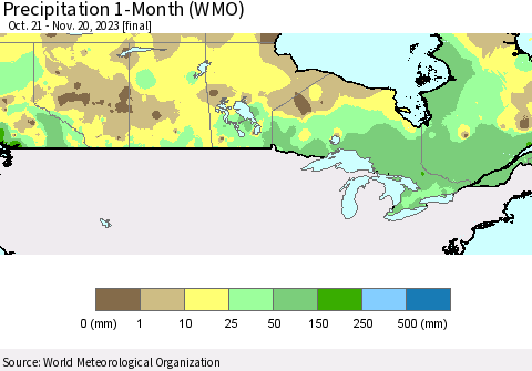 Canada Precipitation 1-Month (WMO) Thematic Map For 10/21/2023 - 11/20/2023