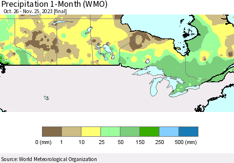 Canada Precipitation 1-Month (WMO) Thematic Map For 10/26/2023 - 11/25/2023