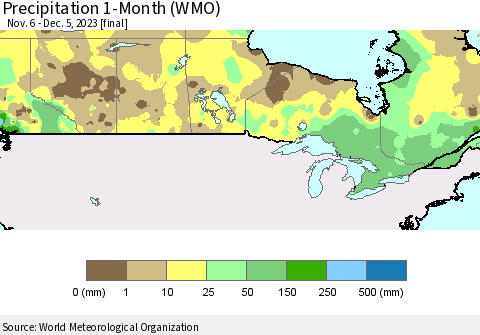Canada Precipitation 1-Month (WMO) Thematic Map For 11/6/2023 - 12/5/2023
