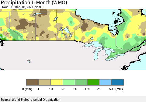 Canada Precipitation 1-Month (WMO) Thematic Map For 11/11/2023 - 12/10/2023