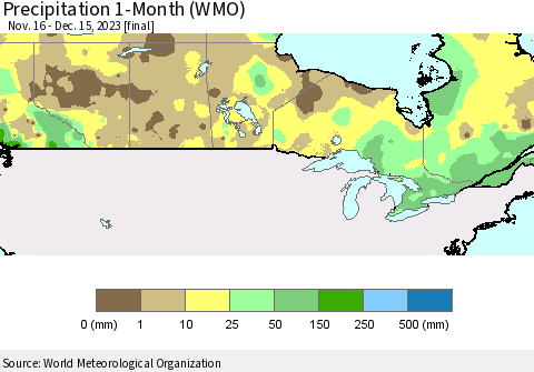 Canada Precipitation 1-Month (WMO) Thematic Map For 11/16/2023 - 12/15/2023