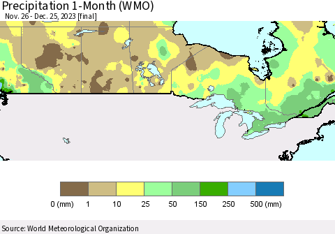 Canada Precipitation 1-Month (WMO) Thematic Map For 11/26/2023 - 12/25/2023