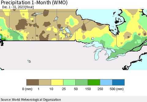 Canada Precipitation 1-Month (WMO) Thematic Map For 12/1/2023 - 12/31/2023