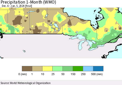 Canada Precipitation 1-Month (WMO) Thematic Map For 12/6/2023 - 1/5/2024